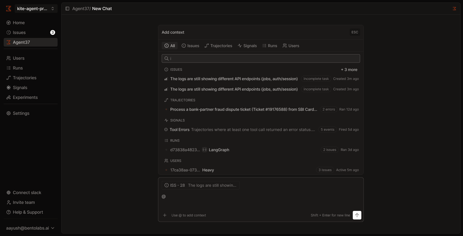 Agent37 context search groups results into issues, trajectories, signals, runs, and users, with an issue attached to the composer.