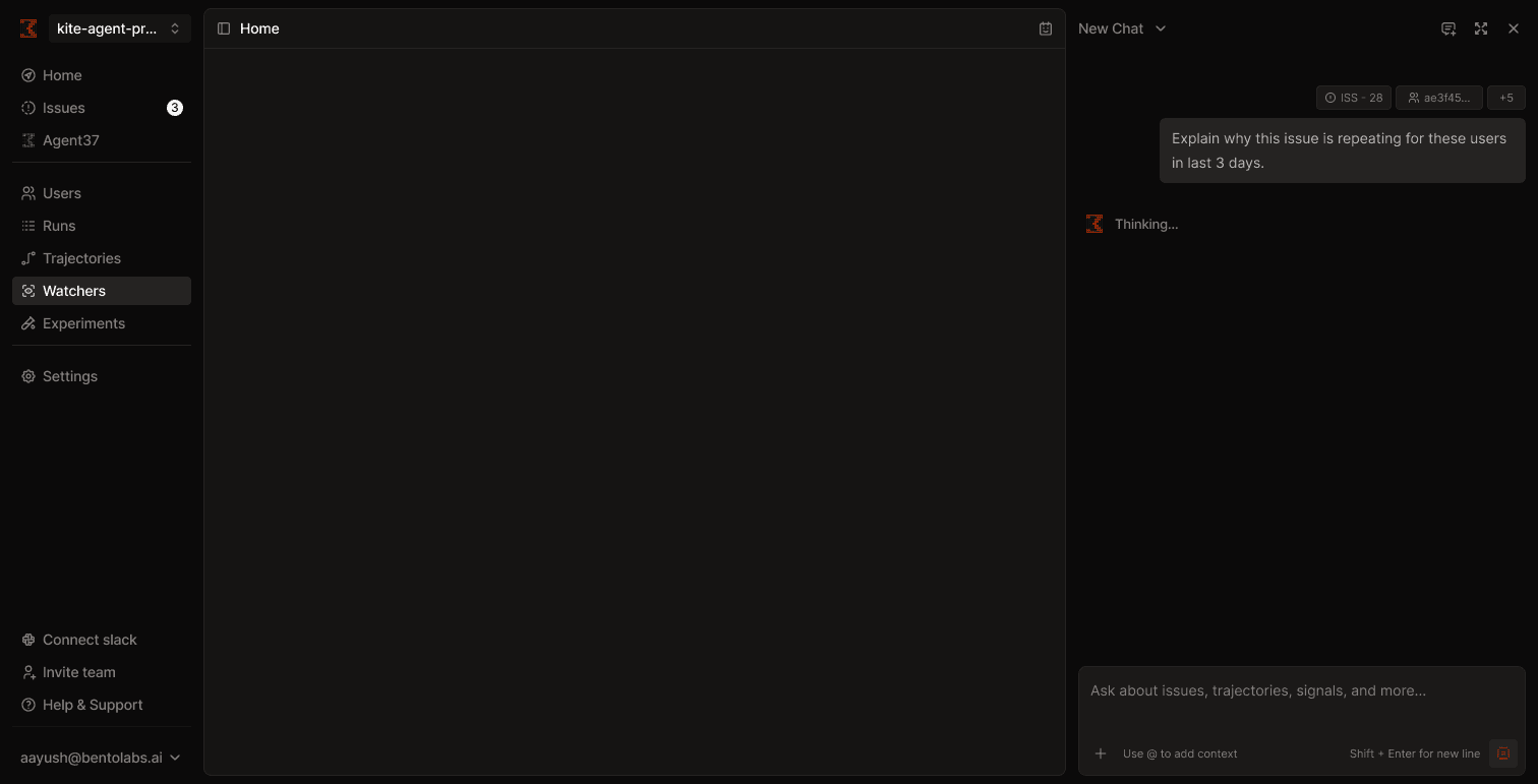 Agent37 side panel with an issue and user context attached to a question about a recurring issue over the last three days.