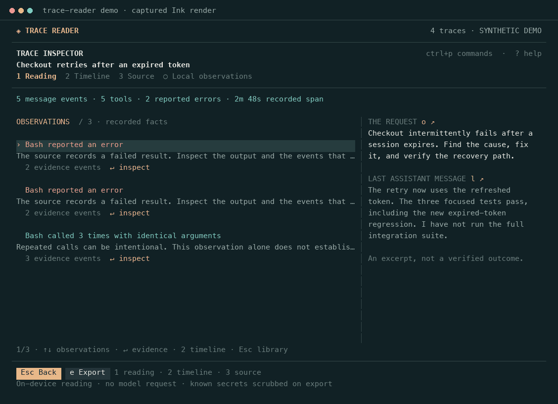 Reading view with two reported errors and three identical Bash calls, alongside the opening request and last assistant message.
