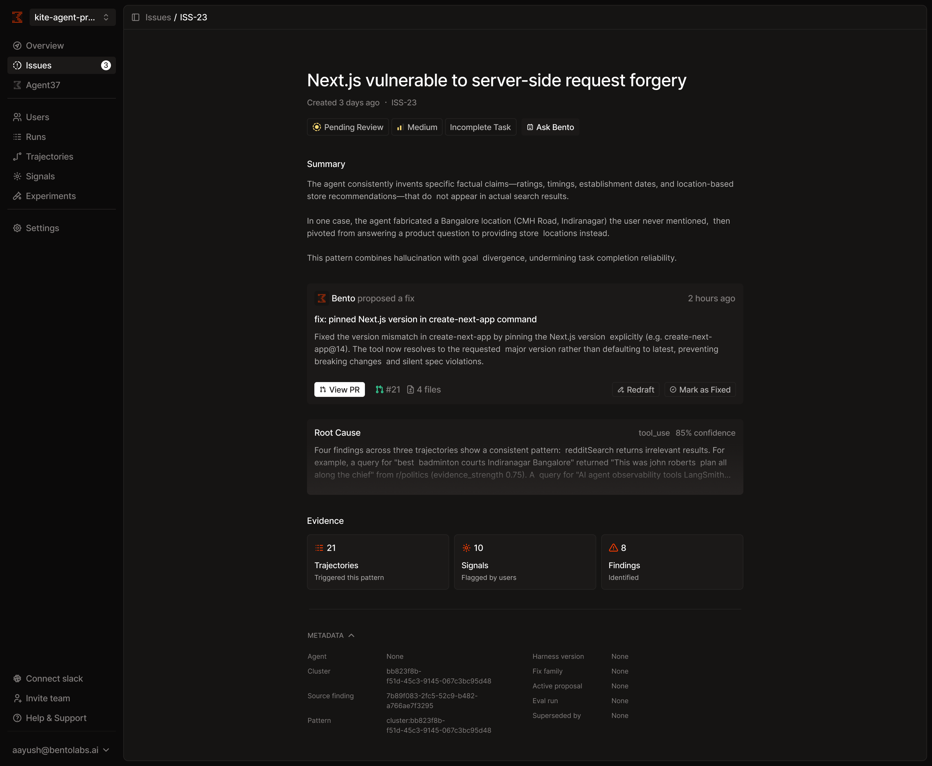 Bento issue detail with status, severity, summary, a proposed fix and View PR action, root cause, and evidence grouped into trajectories, signals, and findings.
